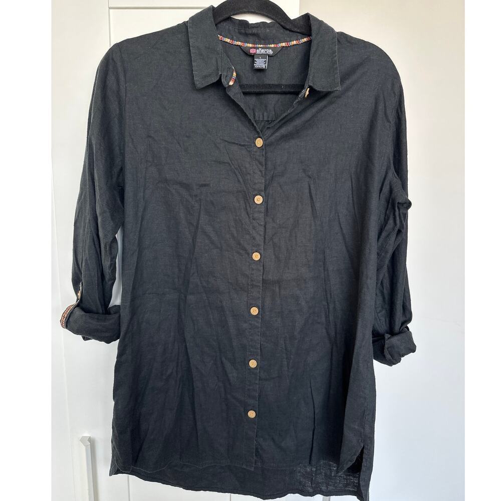 Sherpa Women's Black Hemp Blend Button-Up Roll Tab Sleeve Tunic Top, Size L, EUC